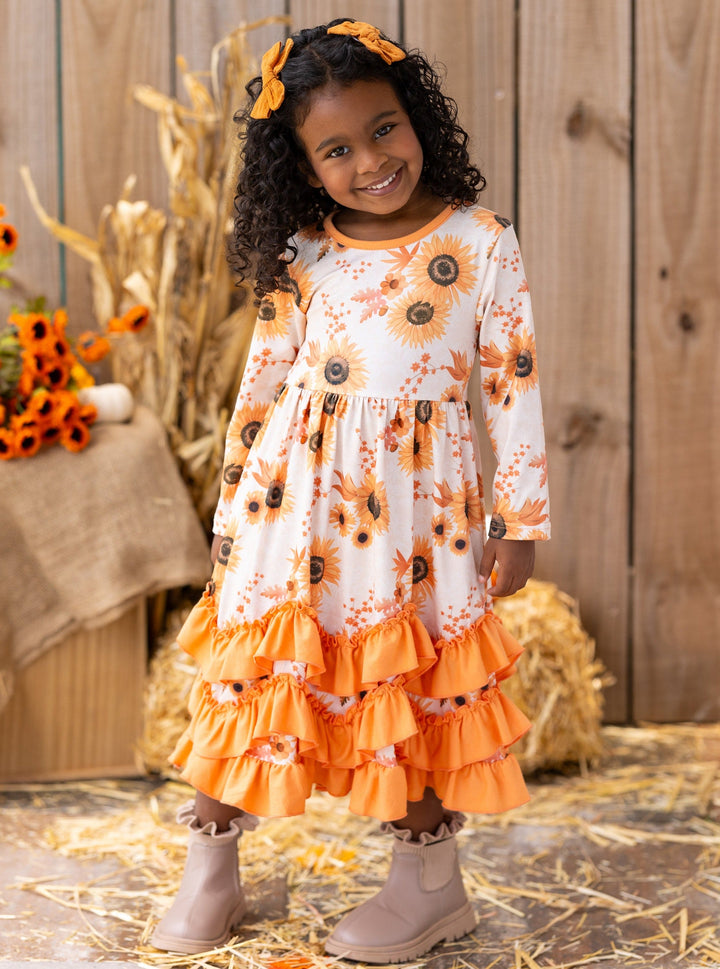 Little Girls Cute Fall Floral Tiered Ruffle Dress - Mia Belle Girls