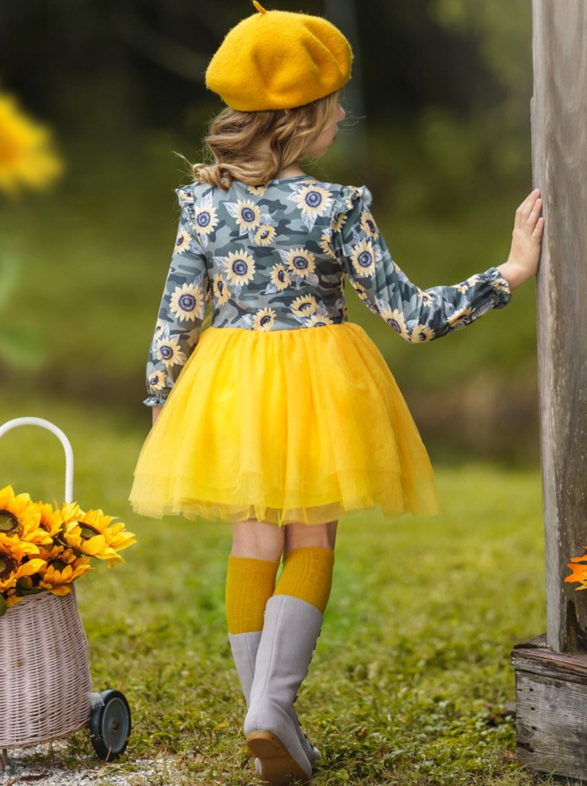 Little girls fall boho chic long-sleeved tutu dress with floral/camo print bodice with ruffled details and a yellow gathered tulle skirt - Mia Belle Girls