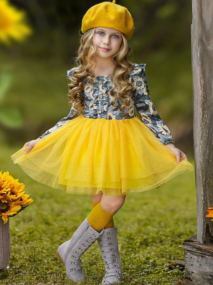 Little girls fall boho chic long-sleeved tutu dress with floral/camo print bodice with ruffled details and a yellow gathered tulle skirt - Mia Belle Girls