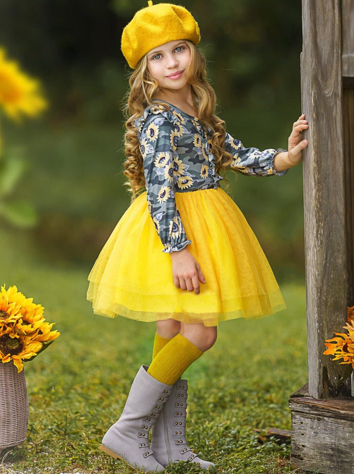 Little girls fall boho chic long-sleeved tutu dress with floral/camo print bodice with ruffled details and a yellow gathered tulle skirt - Mia Belle Girls