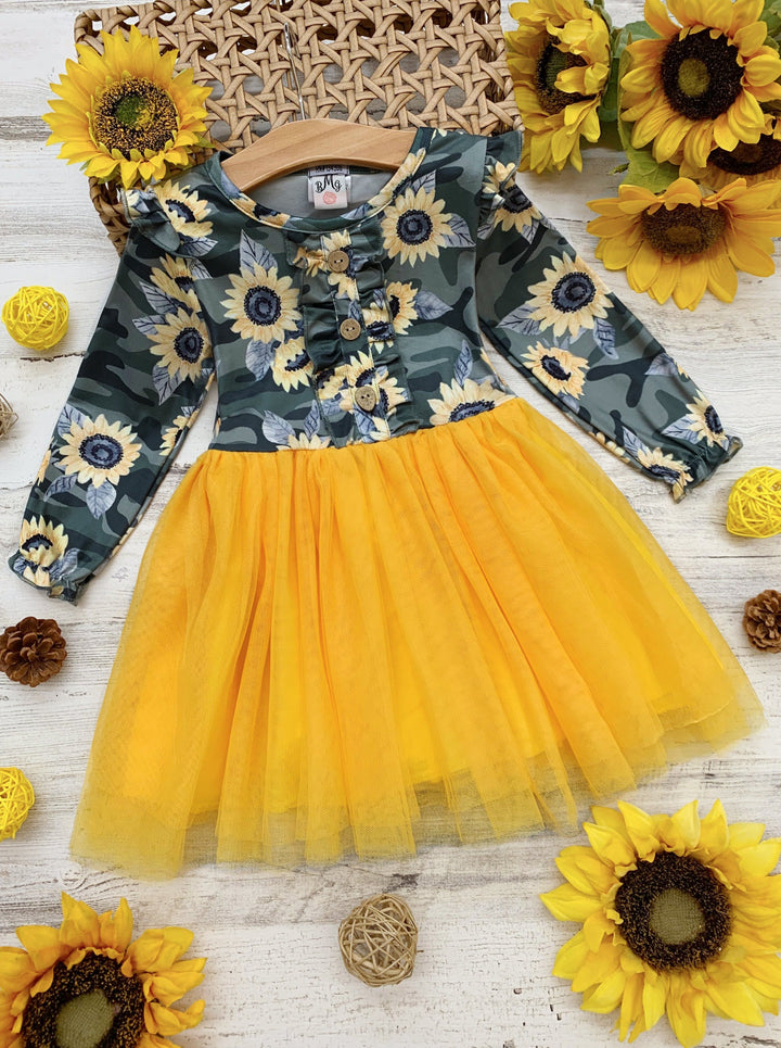 Little girls fall boho chic long-sleeved tutu dress with floral/camo print bodice with ruffled details and a yellow gathered tulle skirt - Mia Belle Girls