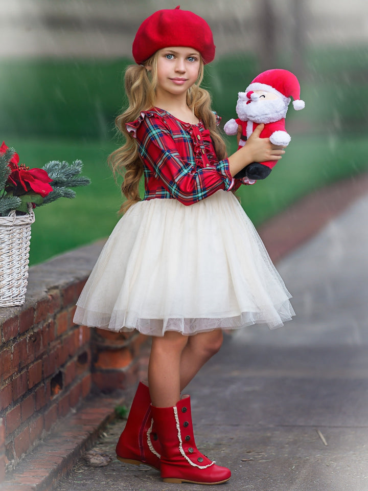 Girls Long Sleeved Tartan Plaid Ruffled Tutu Dress - Mia Belle Girls