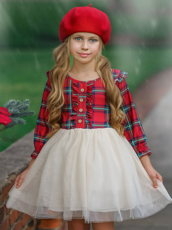 Girls Long Sleeved Tartan Plaid Ruffled Tutu Dress - Mia Belle Girls