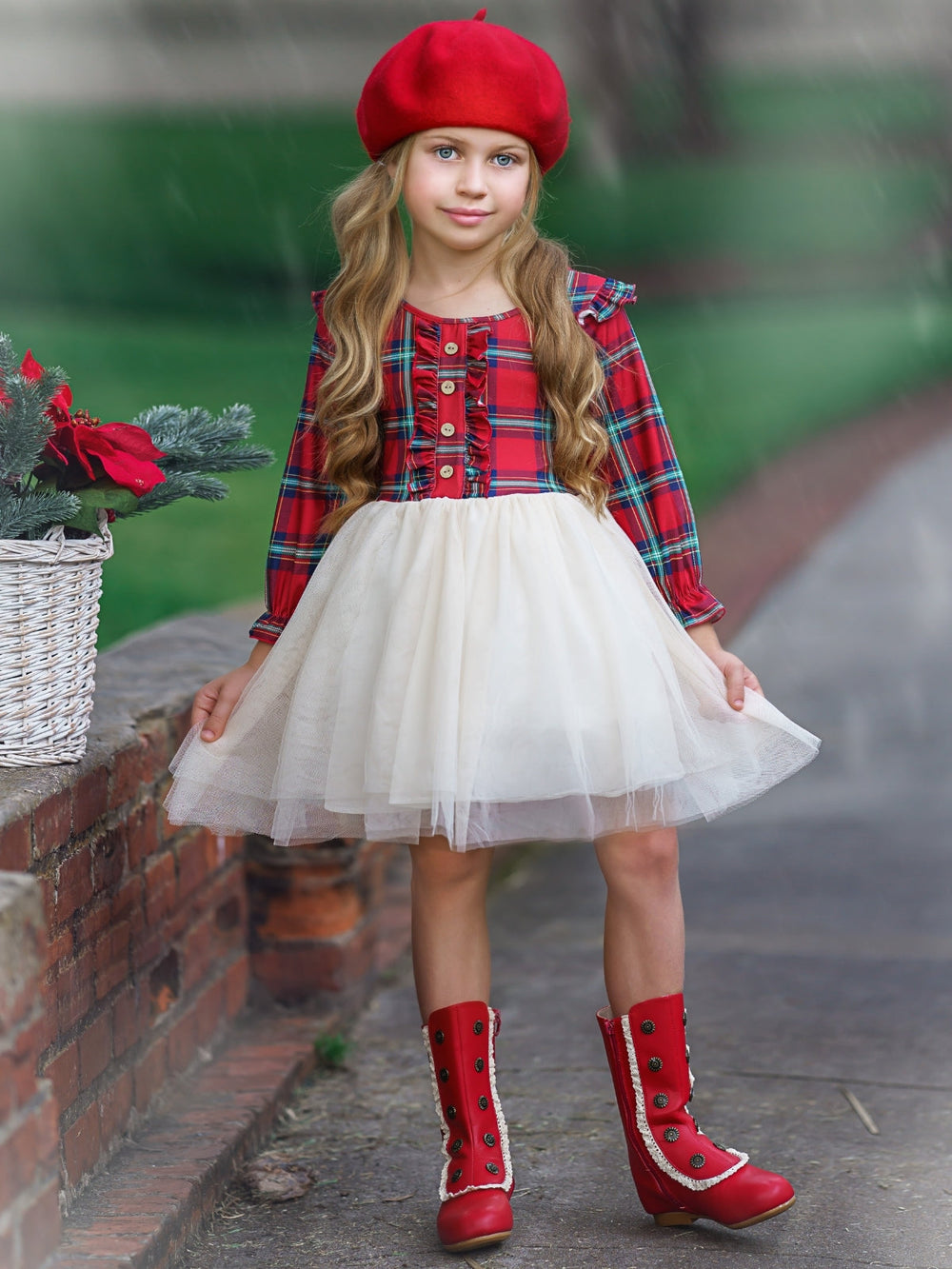 Girls Long Sleeved Tartan Plaid Ruffled Tutu Dress - Mia Belle Girls