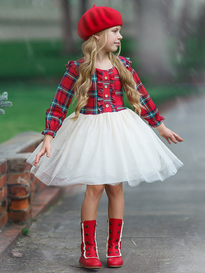 Girls Long Sleeved Tartan Plaid Ruffled Tutu Dress - Mia Belle Girls