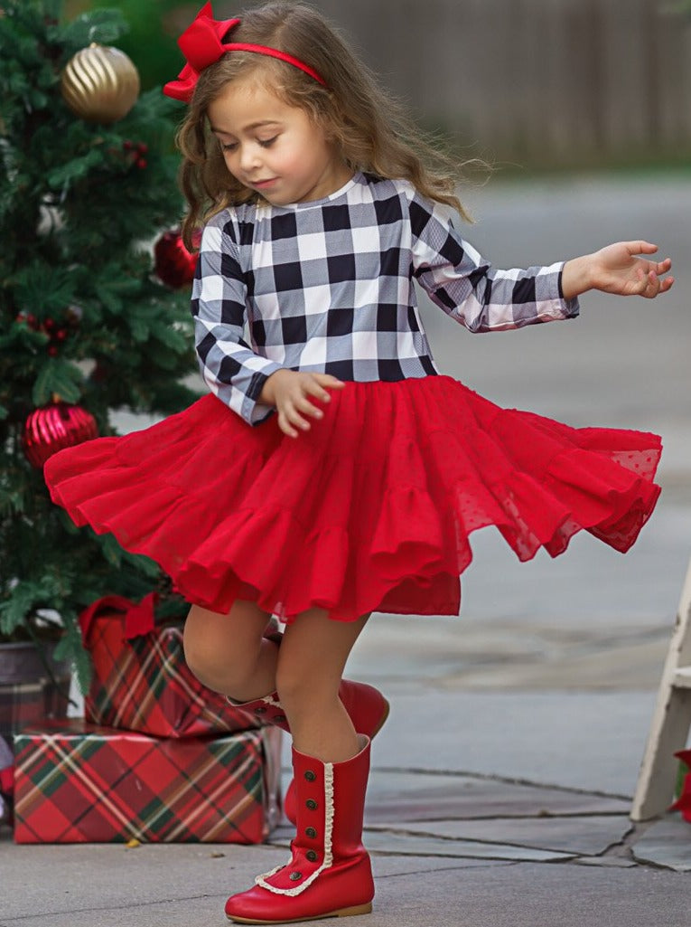 Cute Winter Dresses | Girls Plaid Swiss Dot Holiday Tutu Dress