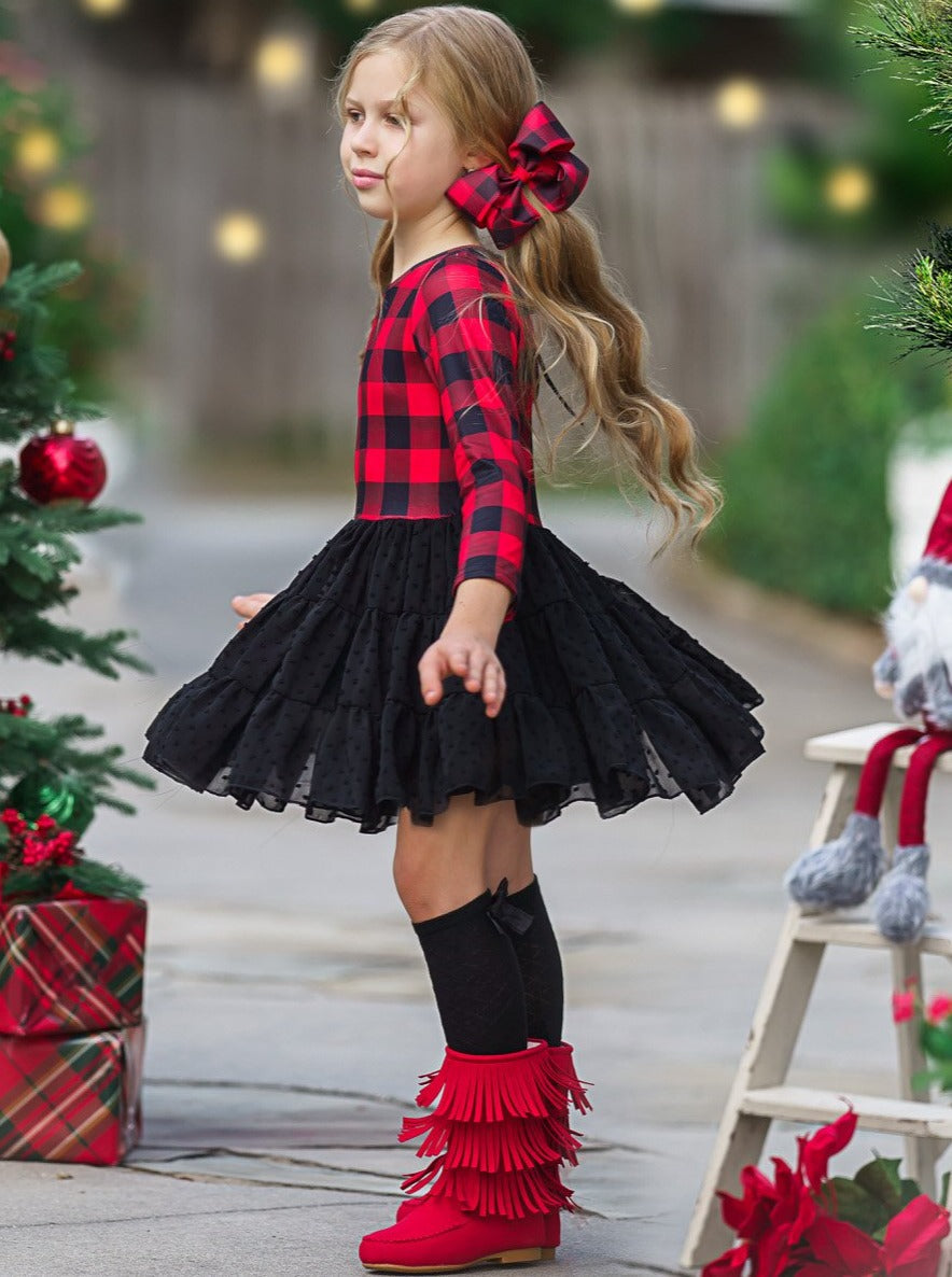 Cute Winter Dresses | Girls Plaid Swiss Dot Holiday Tutu Dress