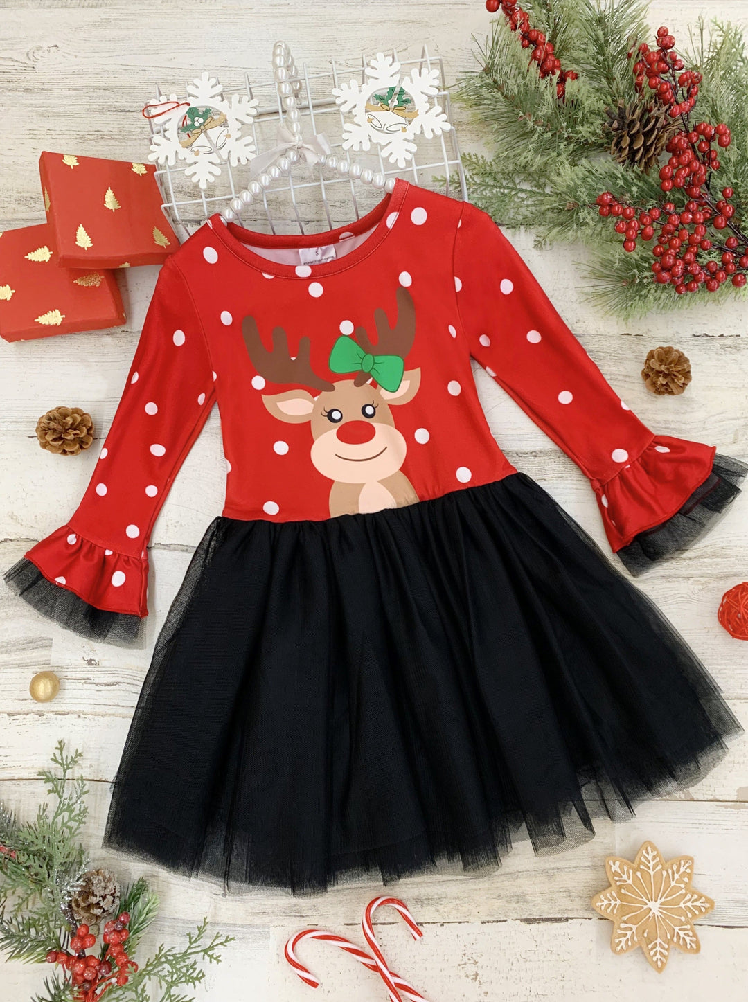 Girls Winter Dresses | Reindeer Polka Dot Tutu Dress | Christmas Dress