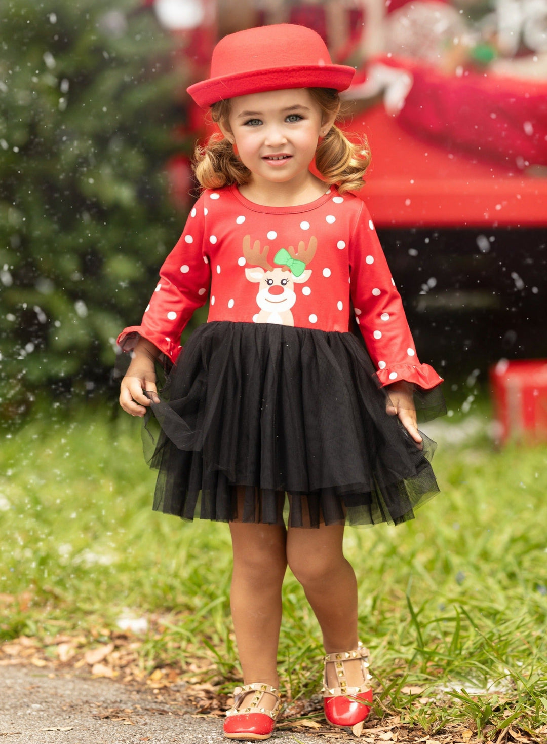 Girls Winter Dresses | Reindeer Polka Dot Tutu Dress | Christmas Dress