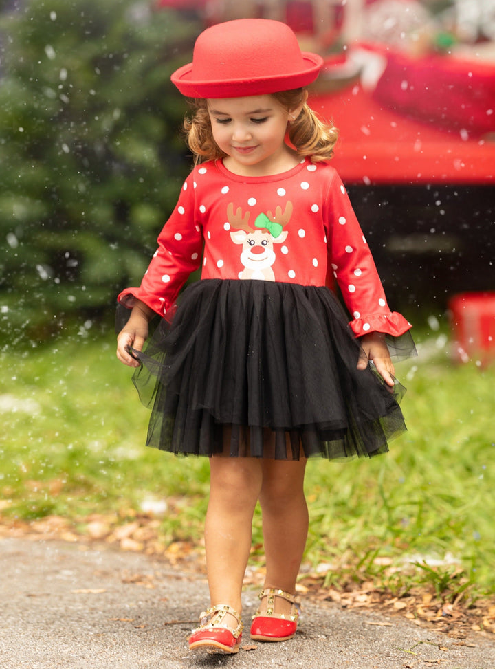 Girls Winter Dresses | Reindeer Polka Dot Tutu Dress | Christmas Dress