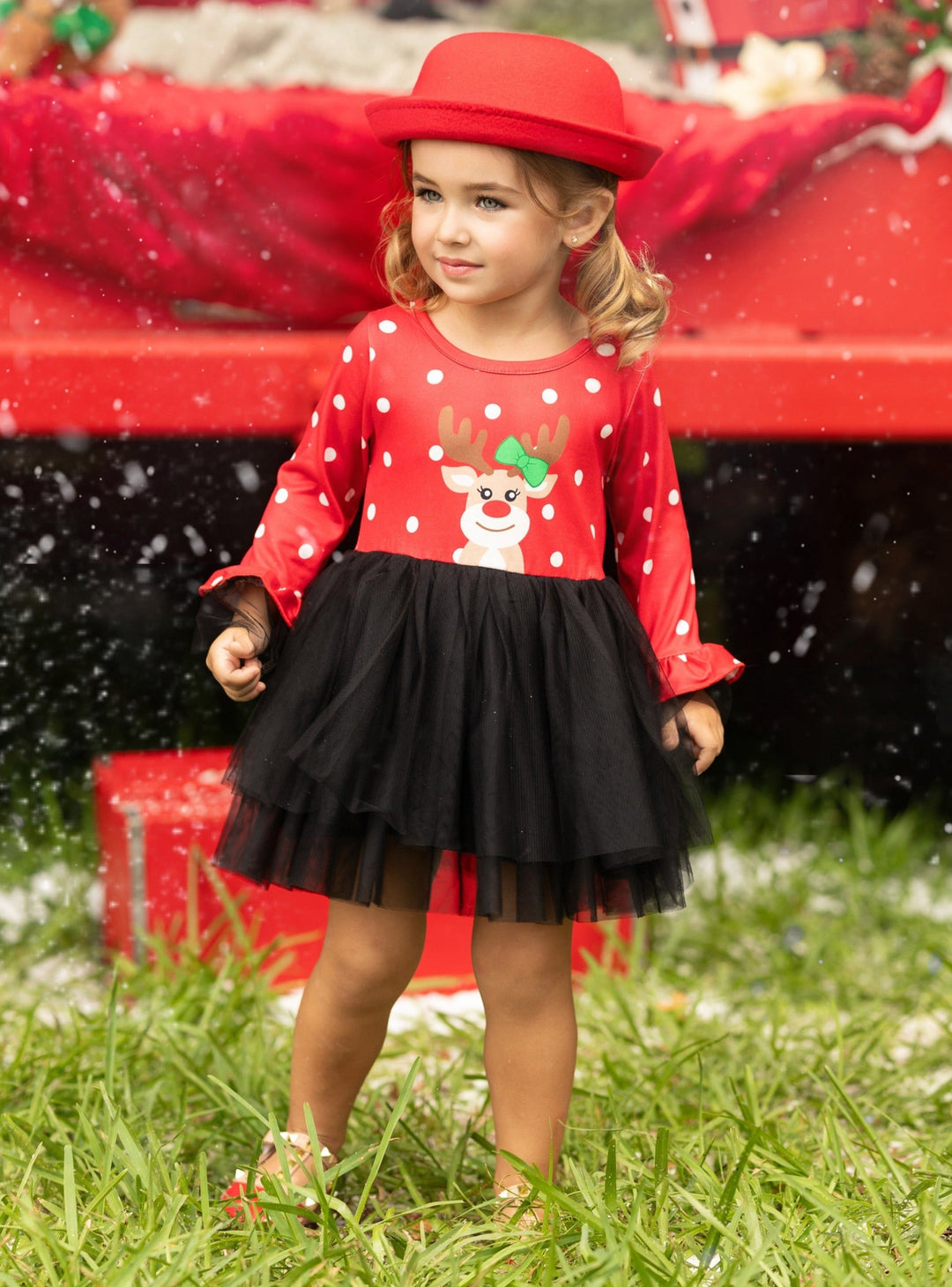 Girls Winter Dresses | Reindeer Polka Dot Tutu Dress | Christmas Dress