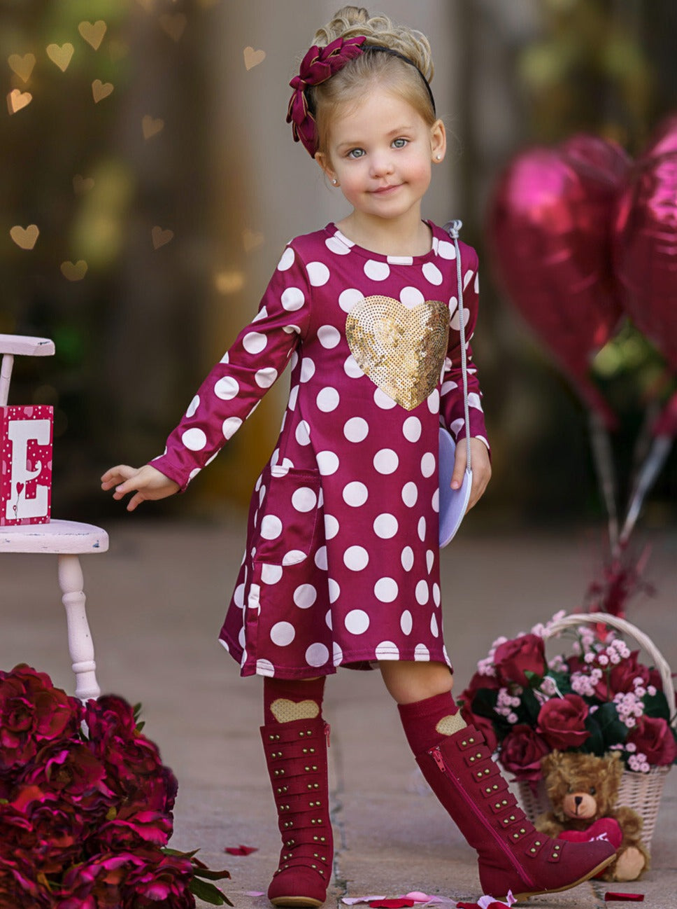 Kids Valentine's Clothes | Sequin Heart Polka Dot Dress & Purse Set