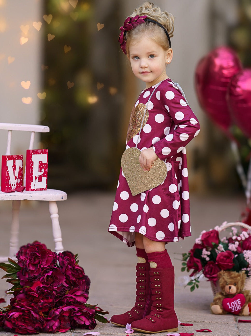 Kids Valentine's Clothes | Sequin Heart Polka Dot Dress & Purse Set