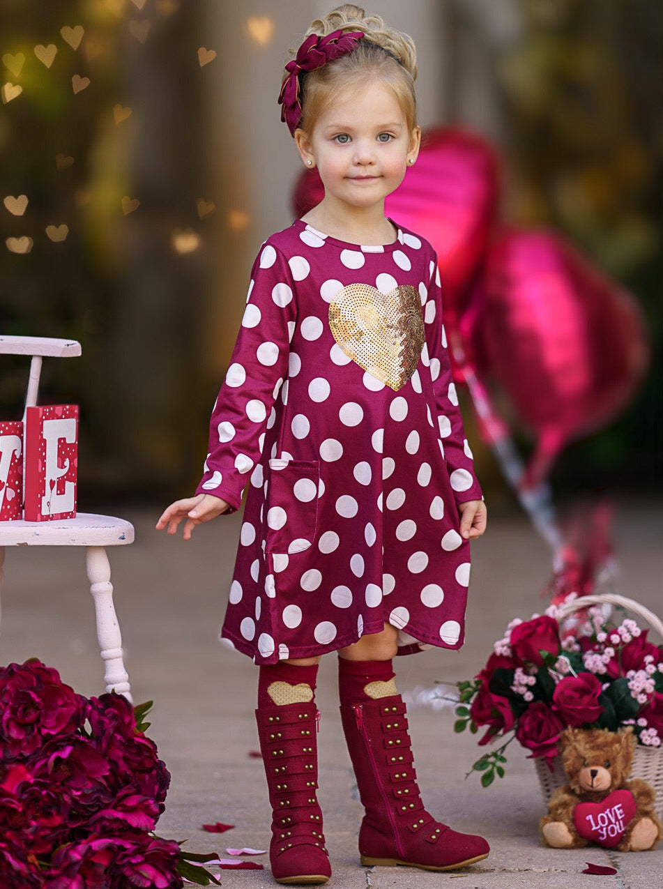 Kids Valentine's Clothes | Sequin Heart Polka Dot Dress & Purse Set