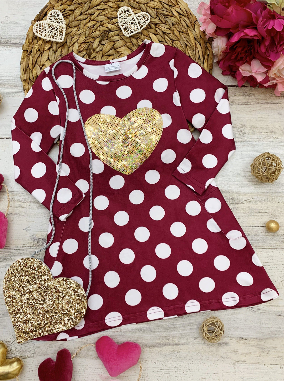 Kids Valentine's Clothes | Sequin Heart Polka Dot Dress & Purse Set