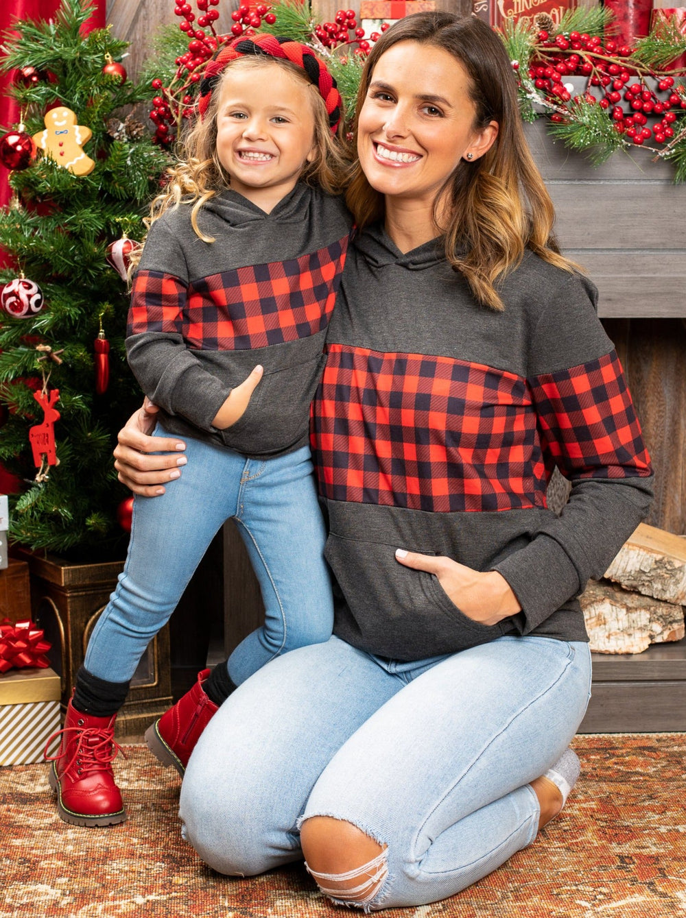 Mommy and Me Matching Sweaters | Buffalo Plaid Colorblock Hoodie