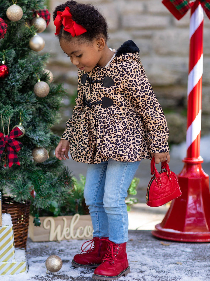 Girls Bundled Up Leopard Coat with Faux Fur Lined Hood