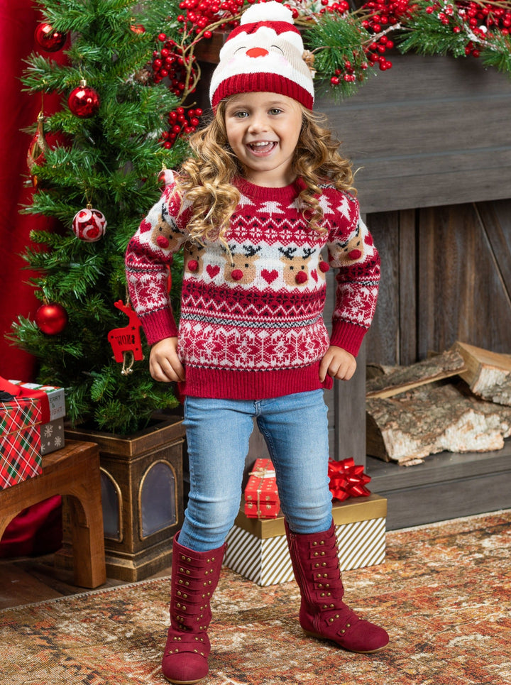 Toddler Winter Sweaters | Cable Knit Reindeer Heart Holiday Sweater