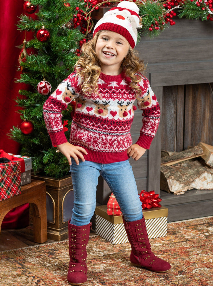 Toddler Winter Sweaters | Cable Knit Reindeer Heart Holiday Sweater