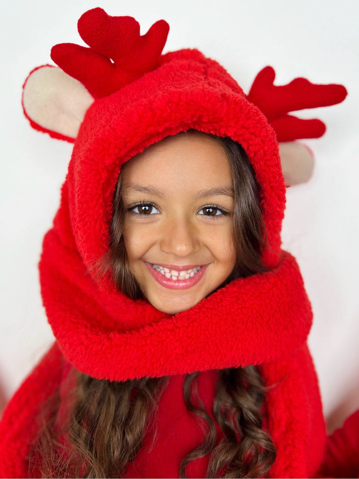 Girls Red Nosed Reindeer Hooded Pocket Scarf