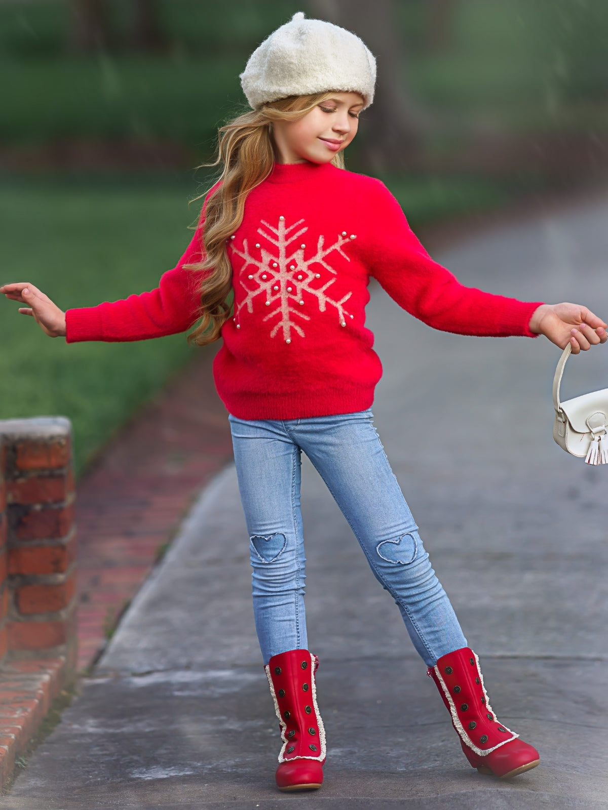 Cozy Winter Sweaters Girls Red Snowflake Pearls Fuzzy Sweater Mia Belle Girls
