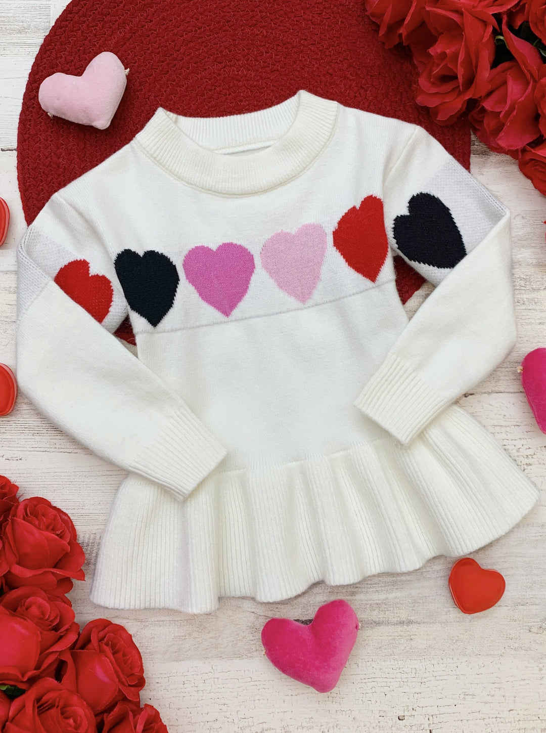 Kids Sweaters | Colored Hearts Peplum Knit Sweater | Mia Belle Girls