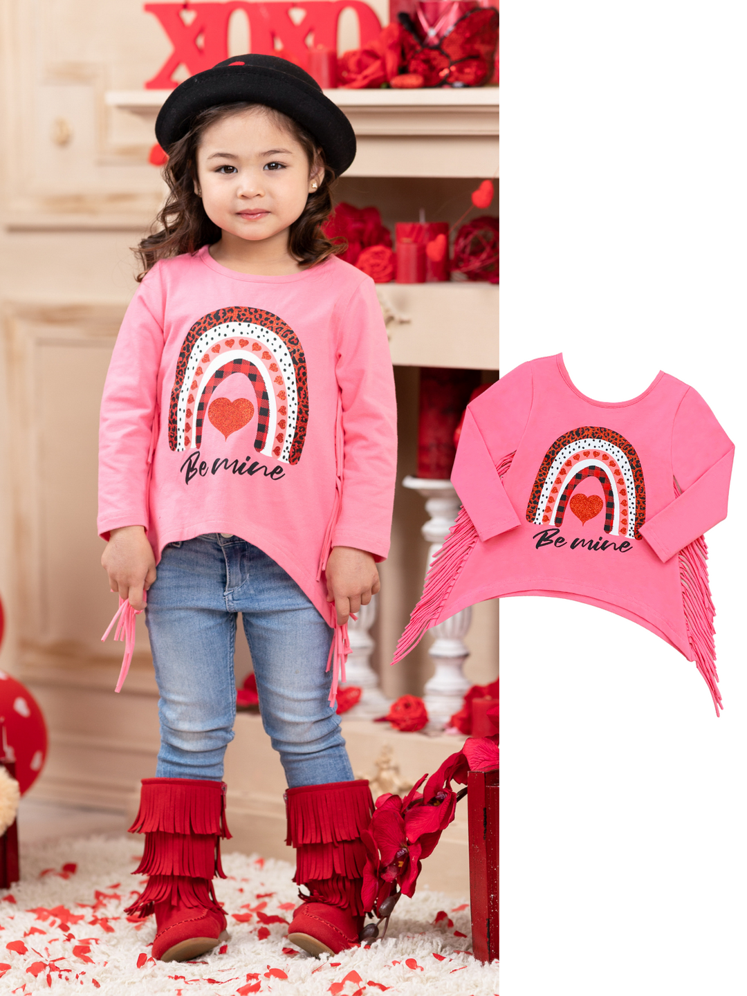 Kids Valentine's Tops | Girls Rainbow Be Mine Shark Tooth Fringe Top