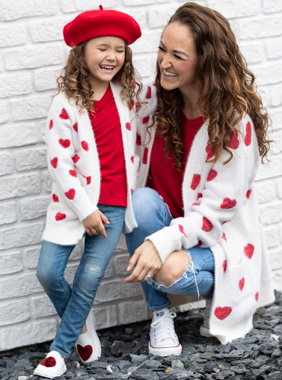 Mommy and Me Matching Sweaters | Heart Print White Oversized Cardigans