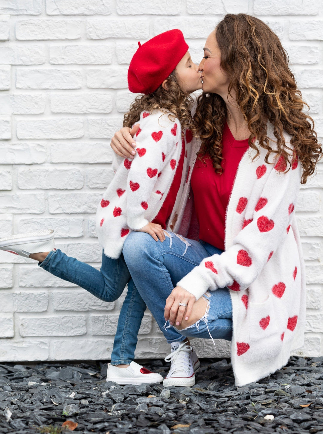 Mommy and Me Matching Sweaters | Heart Print White Oversized Cardigans