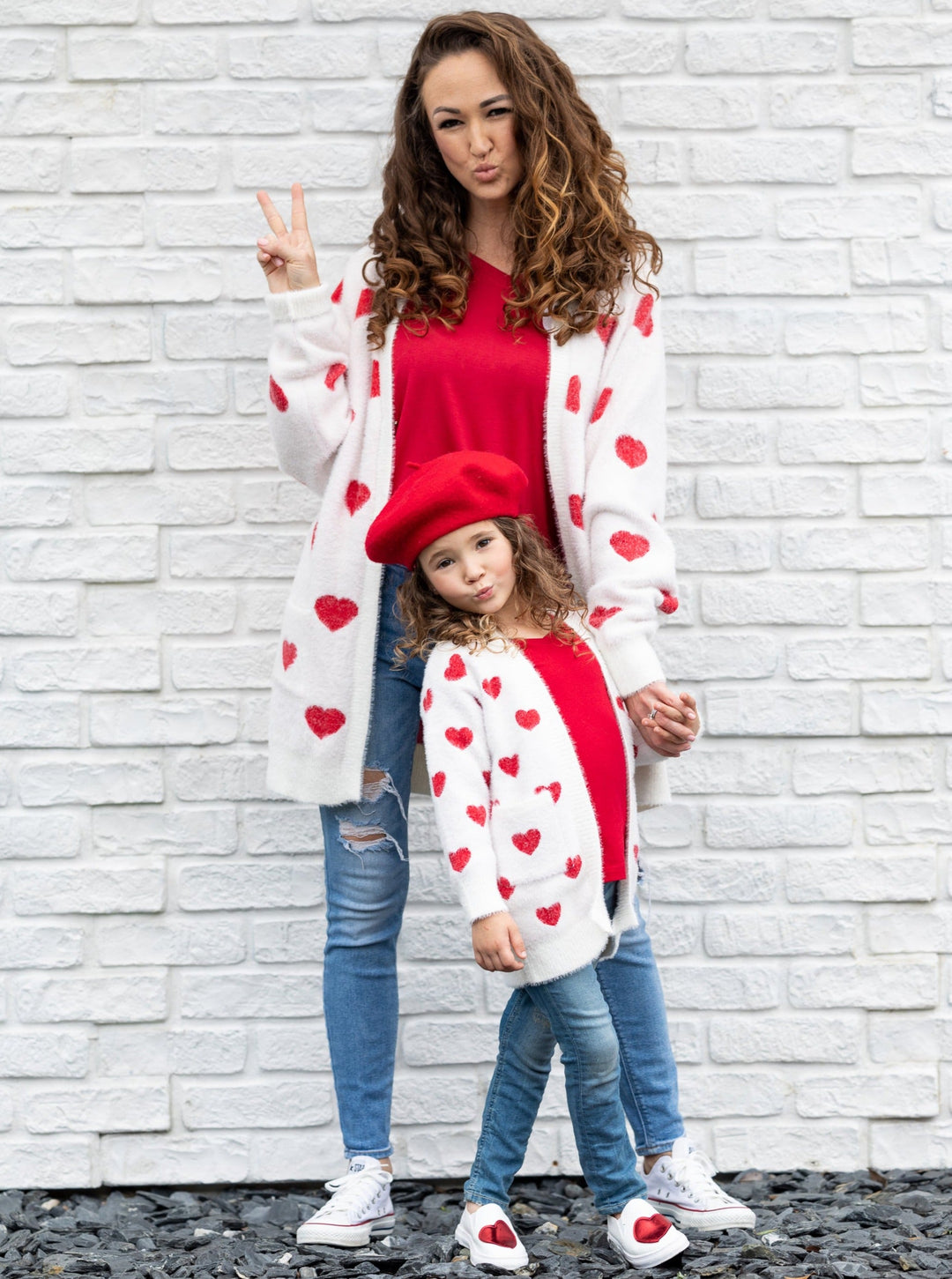 Mommy and Me Matching Sweaters | Heart Print White Oversized Cardigans