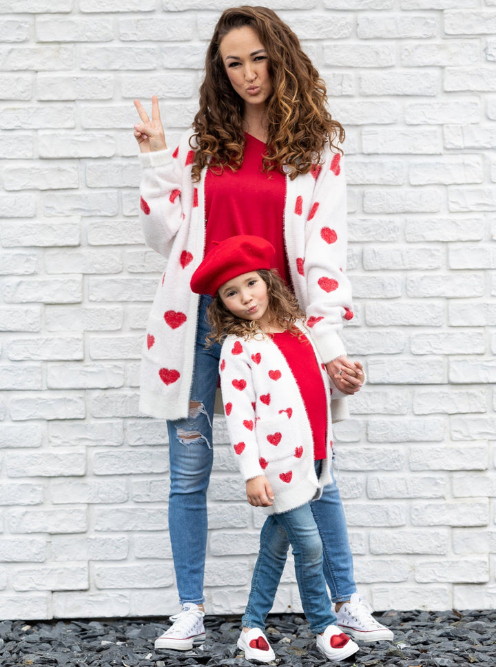 Mommy and Me Matching Sweaters | Heart Print White Oversized Cardigans