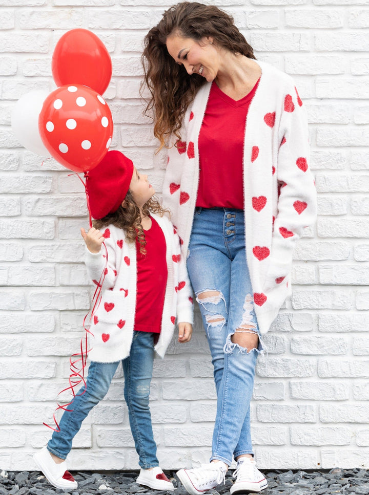 Mommy and Me Matching Sweaters | Heart Print White Oversized Cardigans