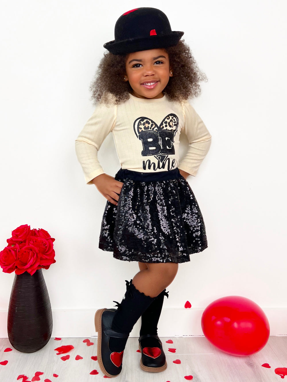 Girls Valentine's Clothes | Girls Be Mine Top & Black Sequin Skirt Set