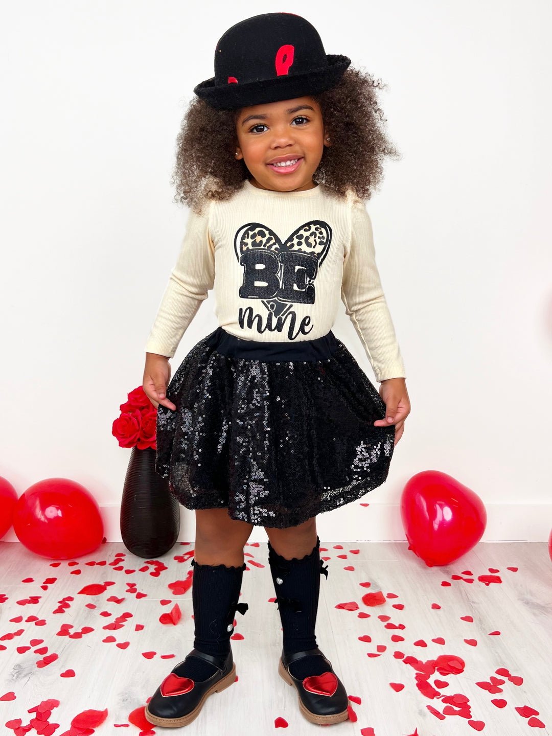 Girls Valentine's Clothes | Girls Be Mine Top & Black Sequin Skirt Set