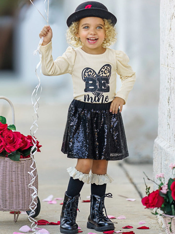 Girls Valentine's Clothes | Girls Be Mine Top & Black Sequin Skirt Set