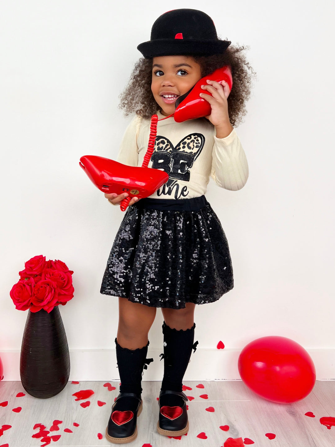 Girls Valentine's Clothes | Girls Be Mine Top & Black Sequin Skirt Set