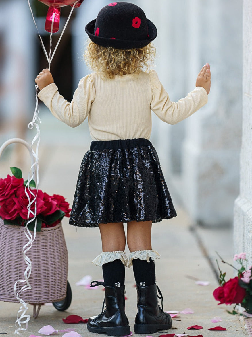 Girls Valentine's Clothes | Girls Be Mine Top & Black Sequin Skirt Set