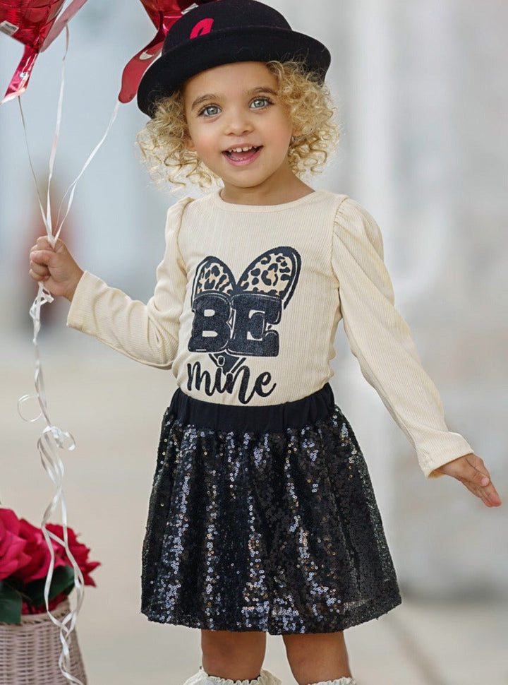 Girls Valentine's Clothes | Girls Be Mine Top & Black Sequin Skirt Set