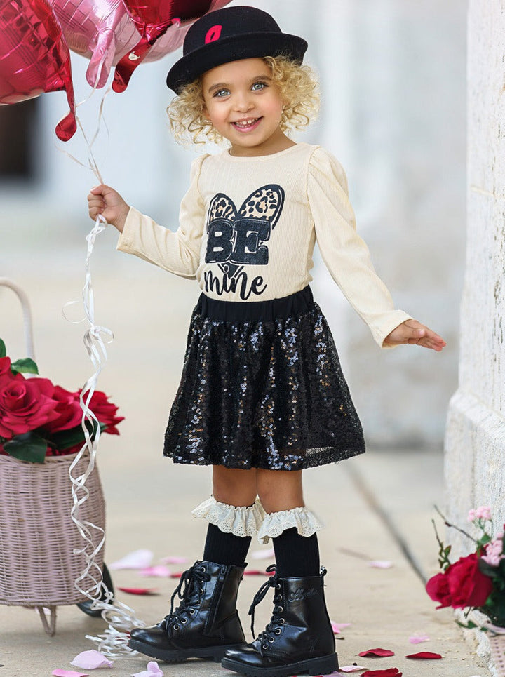 Girls Valentine's Clothes | Girls Be Mine Top & Black Sequin Skirt Set