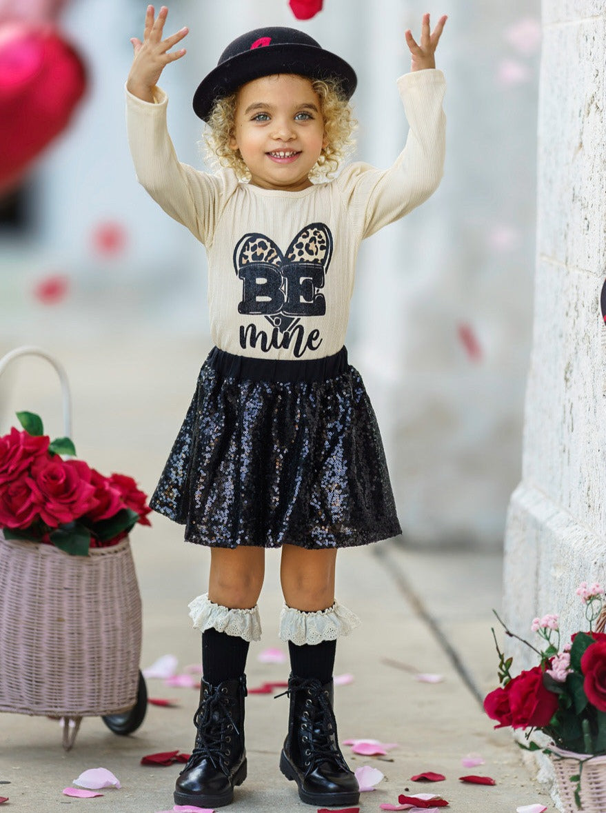 Girls Valentine's Clothes | Girls Be Mine Top & Black Sequin Skirt Set