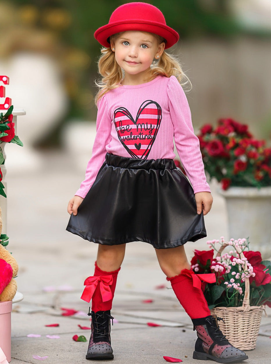 Kids Valentine's Clothes | Be My Valentine Top & PU Leather Skirt Set