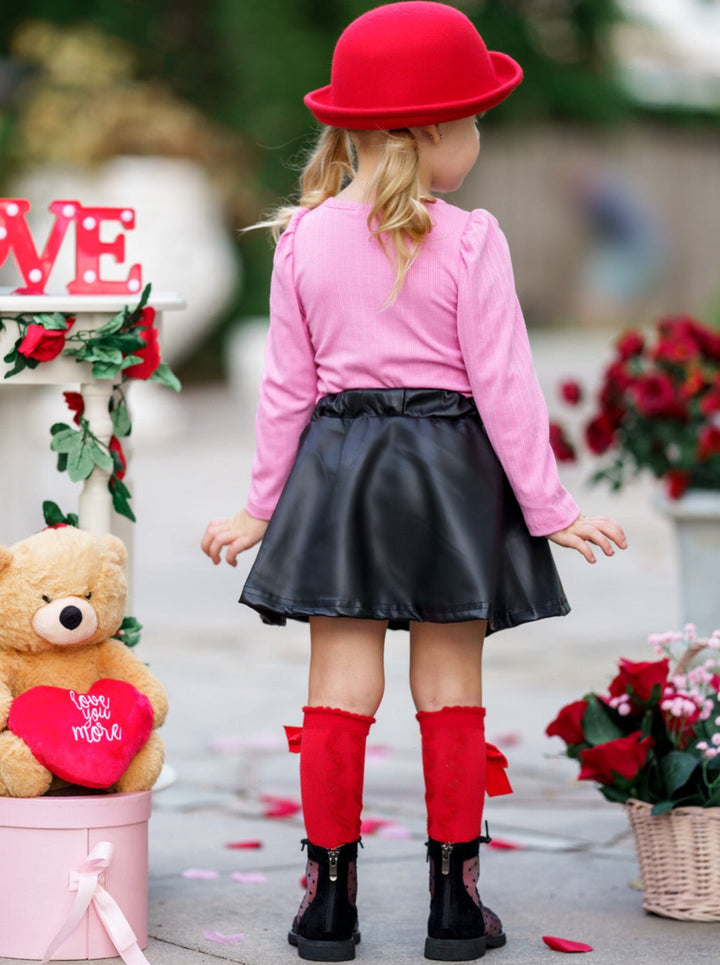 Kids Valentine's Clothes | Be My Valentine Top & PU Leather Skirt Set