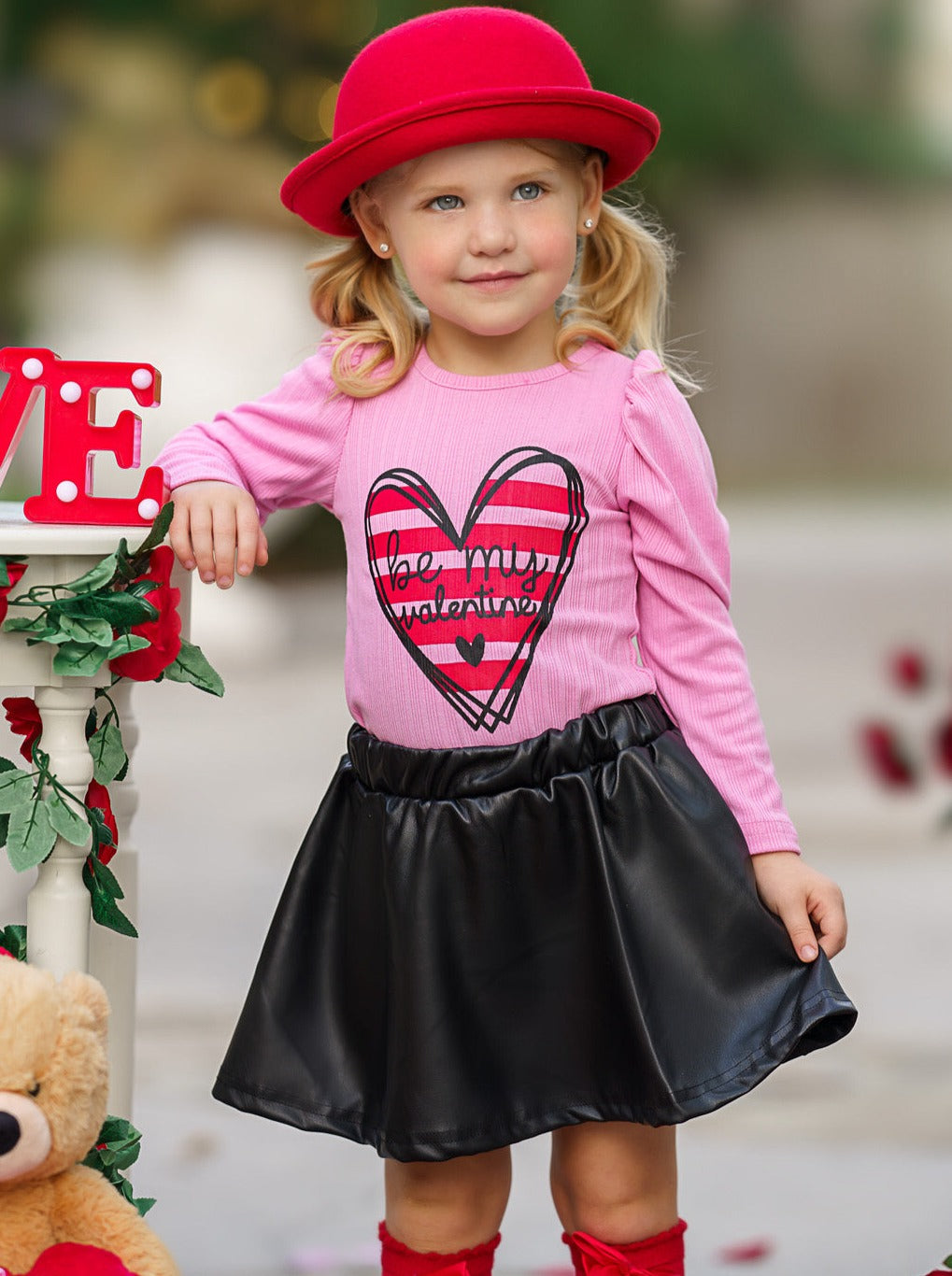 Kids Valentine's Clothes | Be My Valentine Top & PU Leather Skirt Set