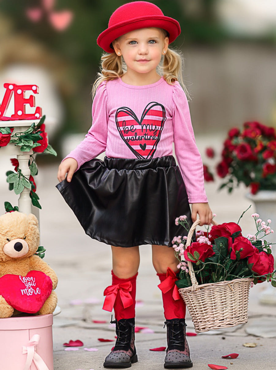 Kids Valentine's Clothes | Be My Valentine Top & PU Leather Skirt Set