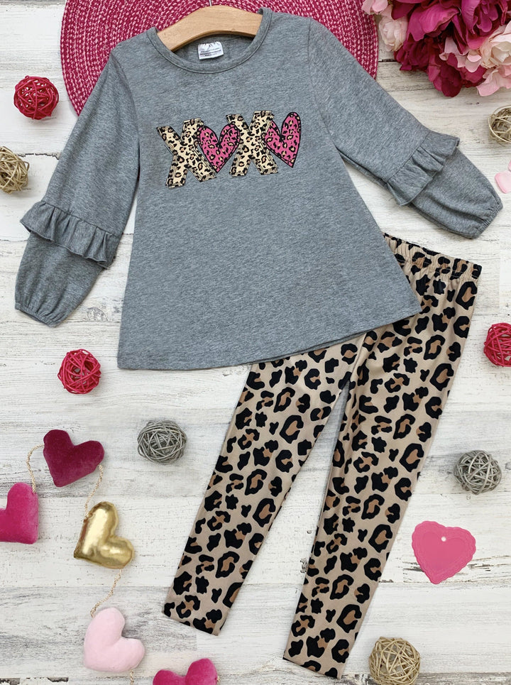 Kids Valentine's Clothes | XOXO Long Sleeve Top & Leopard Legging Set