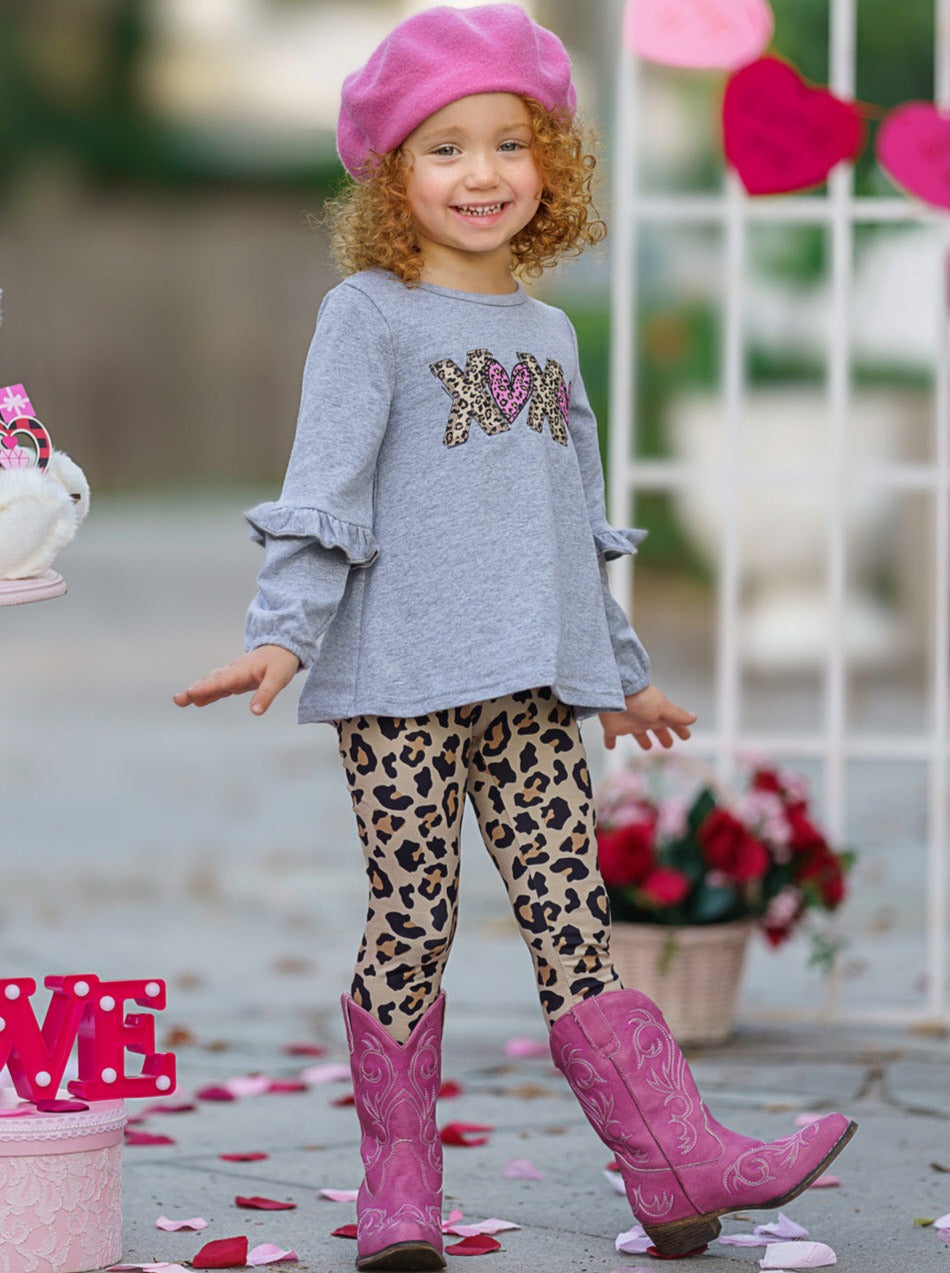 Kids Valentine's Clothes | XOXO Long Sleeve Top & Leopard Legging Set