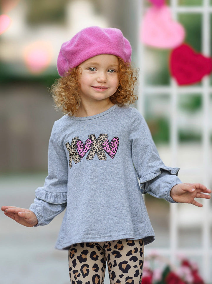 Kids Valentine's Clothes | XOXO Long Sleeve Top & Leopard Legging Set