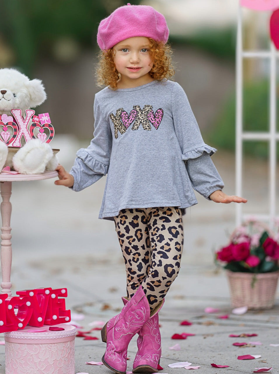 Kids Valentine's Clothes | XOXO Long Sleeve Top & Leopard Legging Set