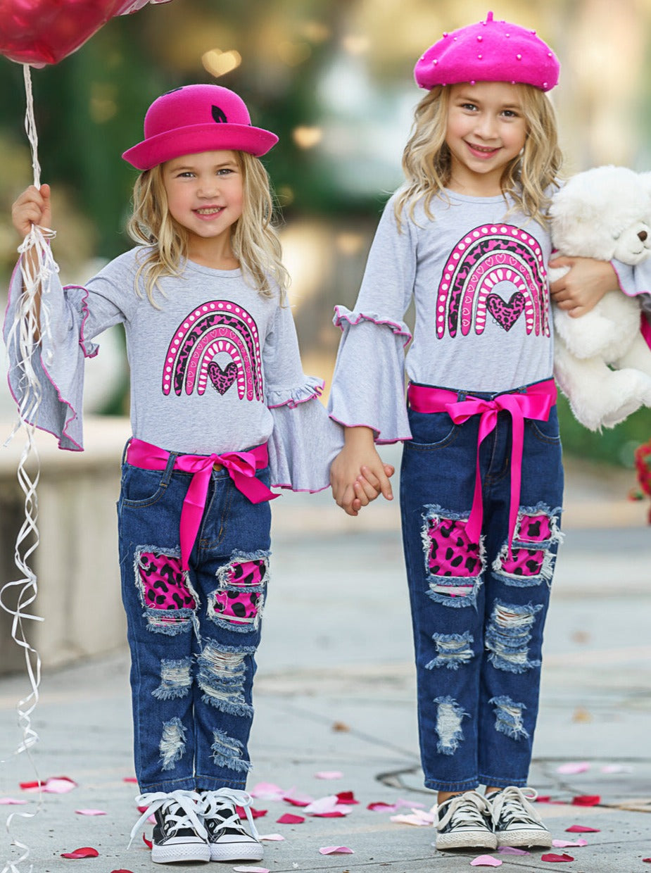 Kids Valentine's Clothes | Girls Bell Sleeve Top & Patched Jeans Set