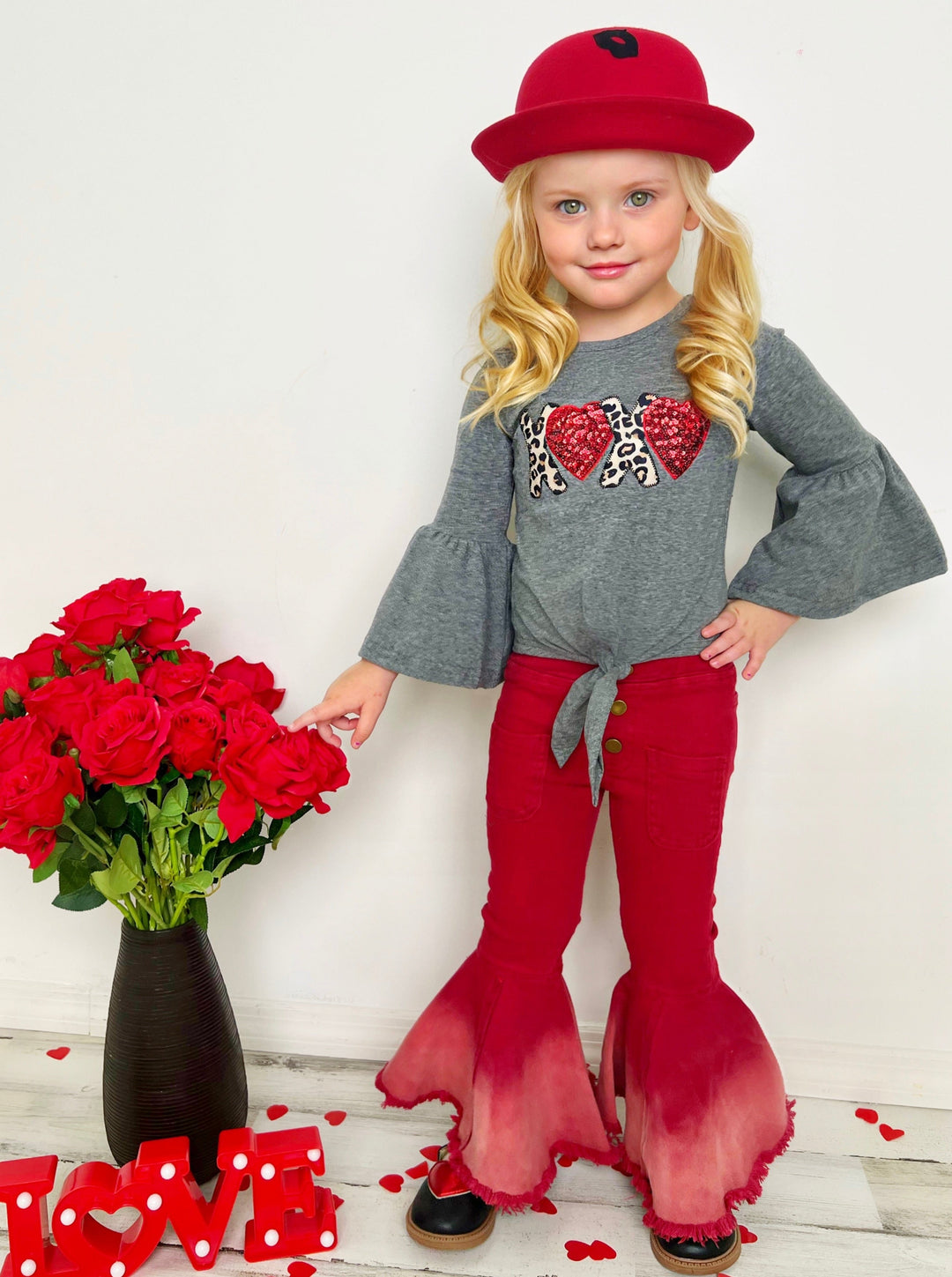 Kids Valentine's Clothes | XOXO Knot Hem Top Bell Bottom Jeans Set